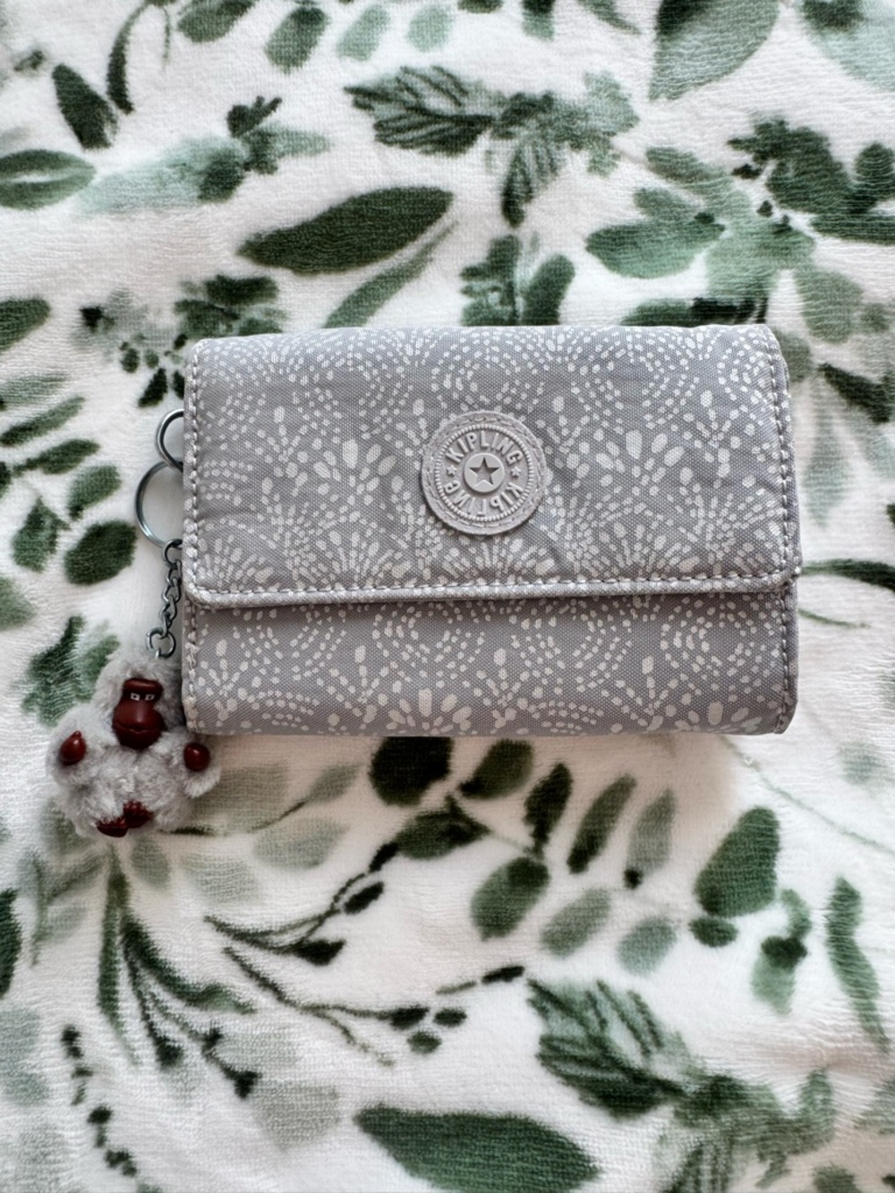 Kipling Light Grey Patterned Women's Trifold Wallet with Monkey Charm
